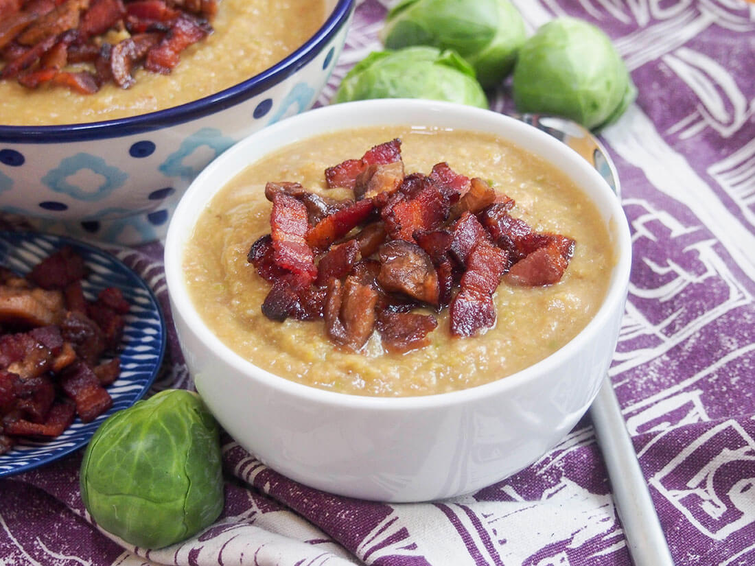 Brussel sprout soup with crispy bacon and chestnut bowl of Brussel sprout soup with crispy bacon and chestnut