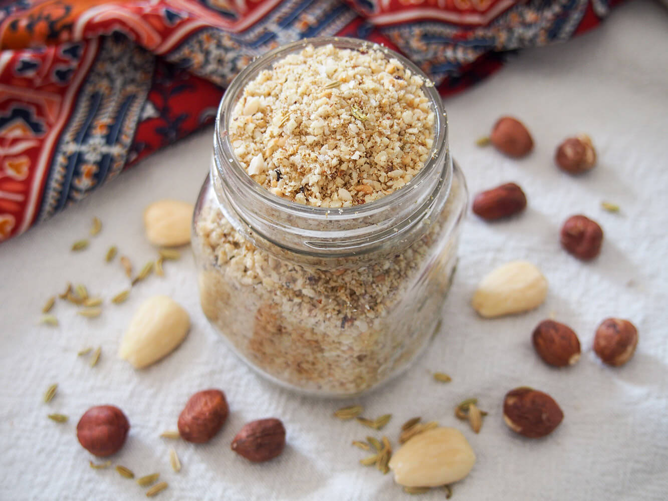 Dukkah is an Egyptian blend of nuts and spices that is easy to make and adds a wonderful crunch and flavor to so many things. jar of dukkah