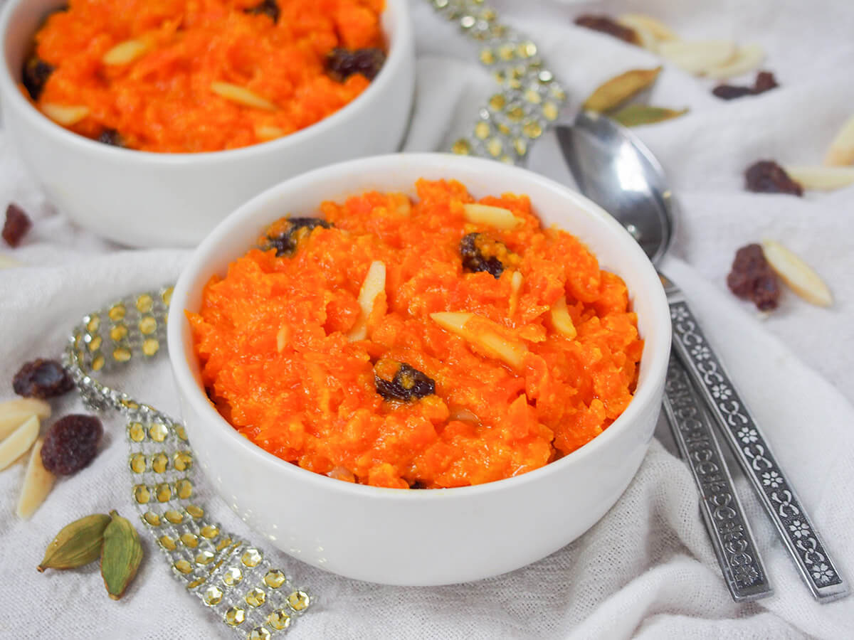 carrot halwa - gajar ka halwa side view of bowl of gajar halwa carrot pudding.