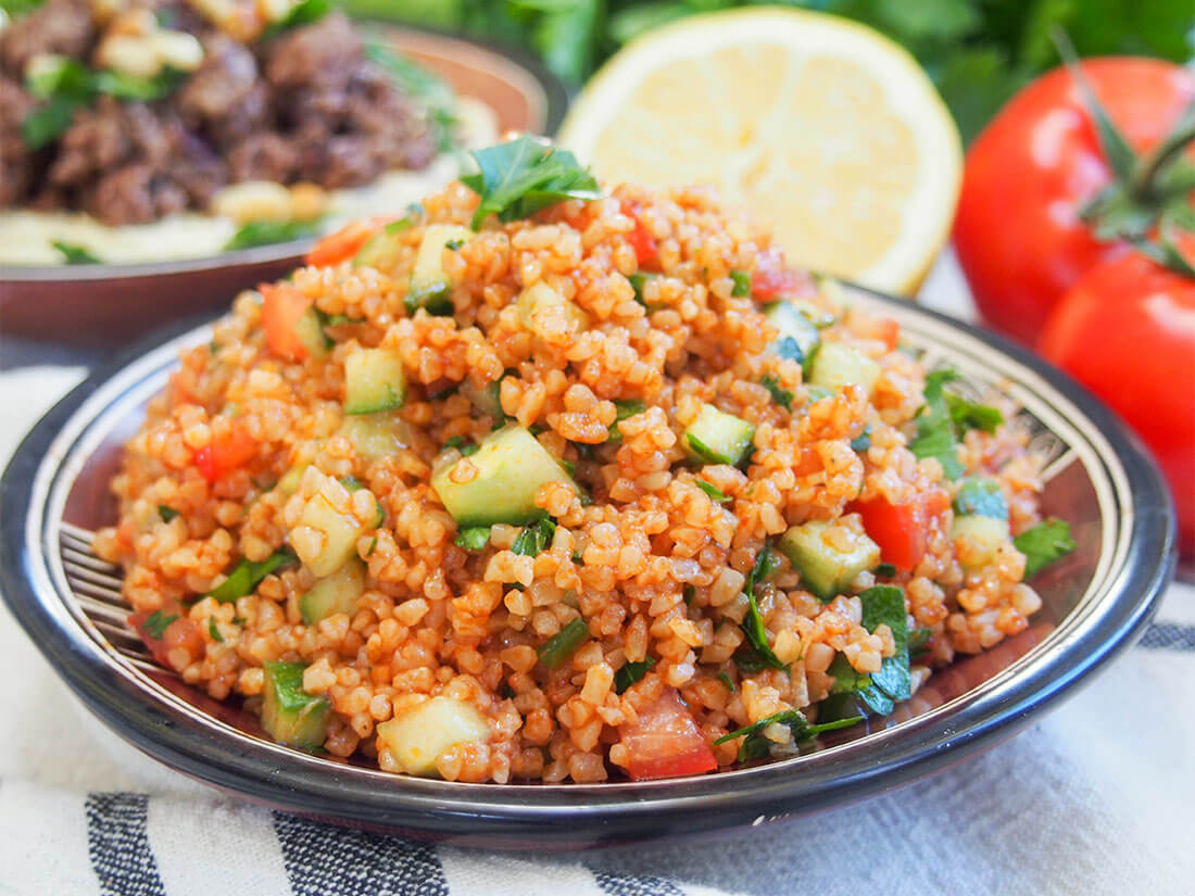 Kisir is a simple, flavor-packed Turkish bulgur salad. kisir Turkish bulgur salad on plate