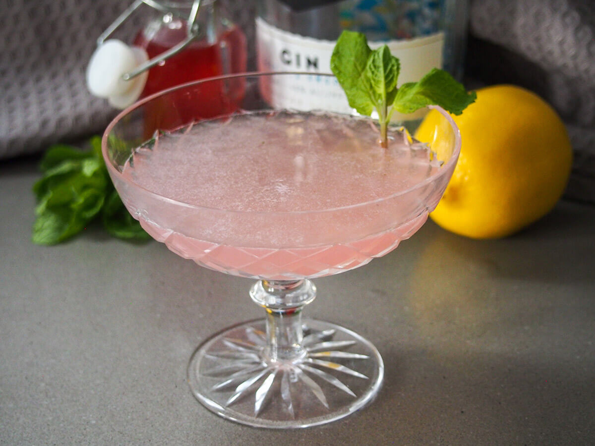 This gently pink twist on the Southside Cocktail gets it's color from rhubarb syrup that also adds a nice gentle tartness. It's easy to make, refreshing and definitely worth a try soon. rhubarb southside cocktail with ingredients in row behind