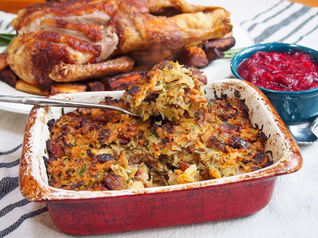 rutabaga, date and bacon stuffing is a flavor-packed side for a festive meal rutabaga, date and bacon stuffing with roasted duck and cranberry sauce behind