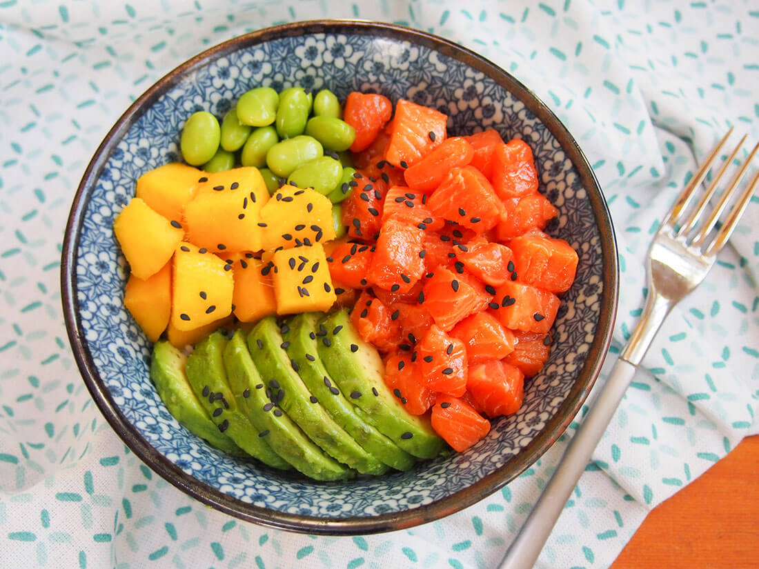 If you're a fan of healthy, fresh ingredients and quick meals, this salmon poke bowl is perfect for you! So easy to make, it comes together in no time and has so many possibilities to customize. salmon poke bowl with fork to side of bowl