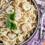 pan of scallop pasta from overhead