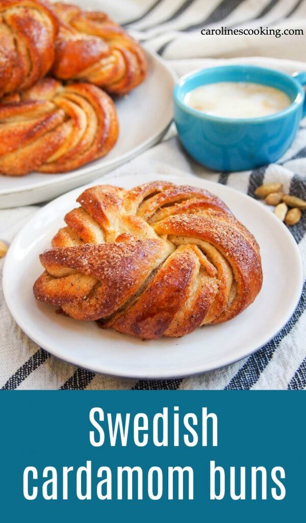 Swedish cardamom buns are like a cross between a cinnamon roll and a pull apart bread. They're light, packed with delicious flavor, and a beautiful addition to any brunch or coffee table. #baking #cardamom #bread #brunch ‎